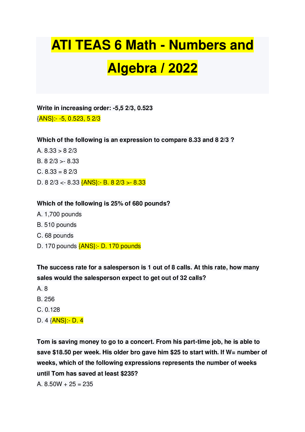 Preview image for ATI TEAS 6 Math - Numbers and Algebra / 2022